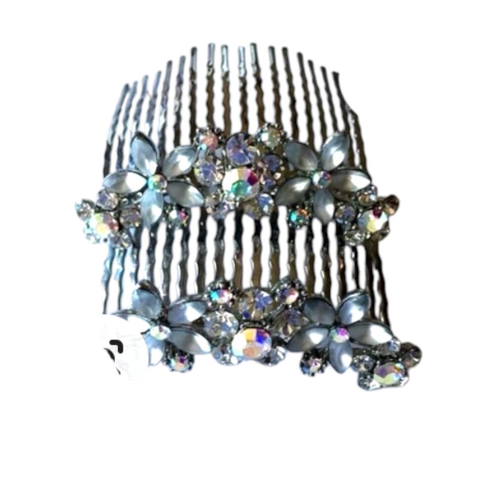 Set of 2 Swarovski Crystal Bridal Hair Combs Frosted Floral Silver Tone Prom